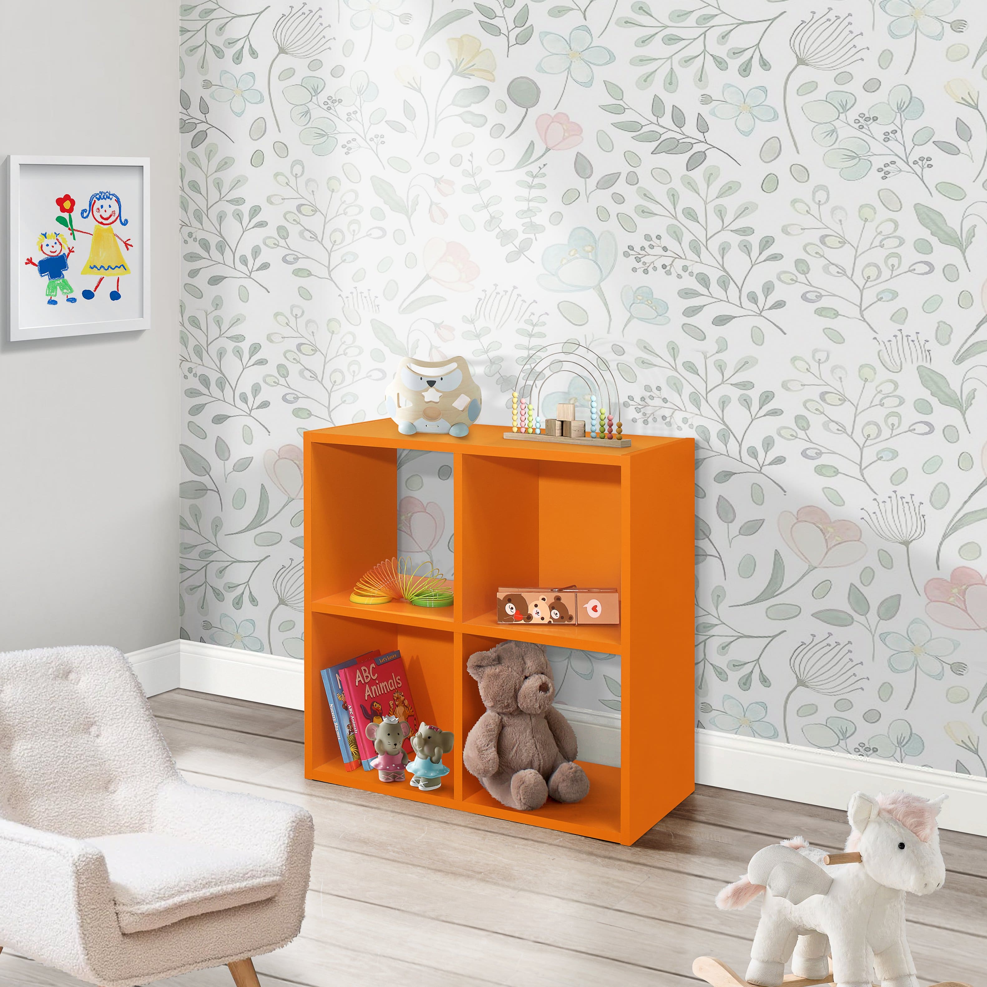 Kings Brand Furniture - 4-Cube Children's Bookcase, Kids Toy Storage Shelf Organizer - Orange