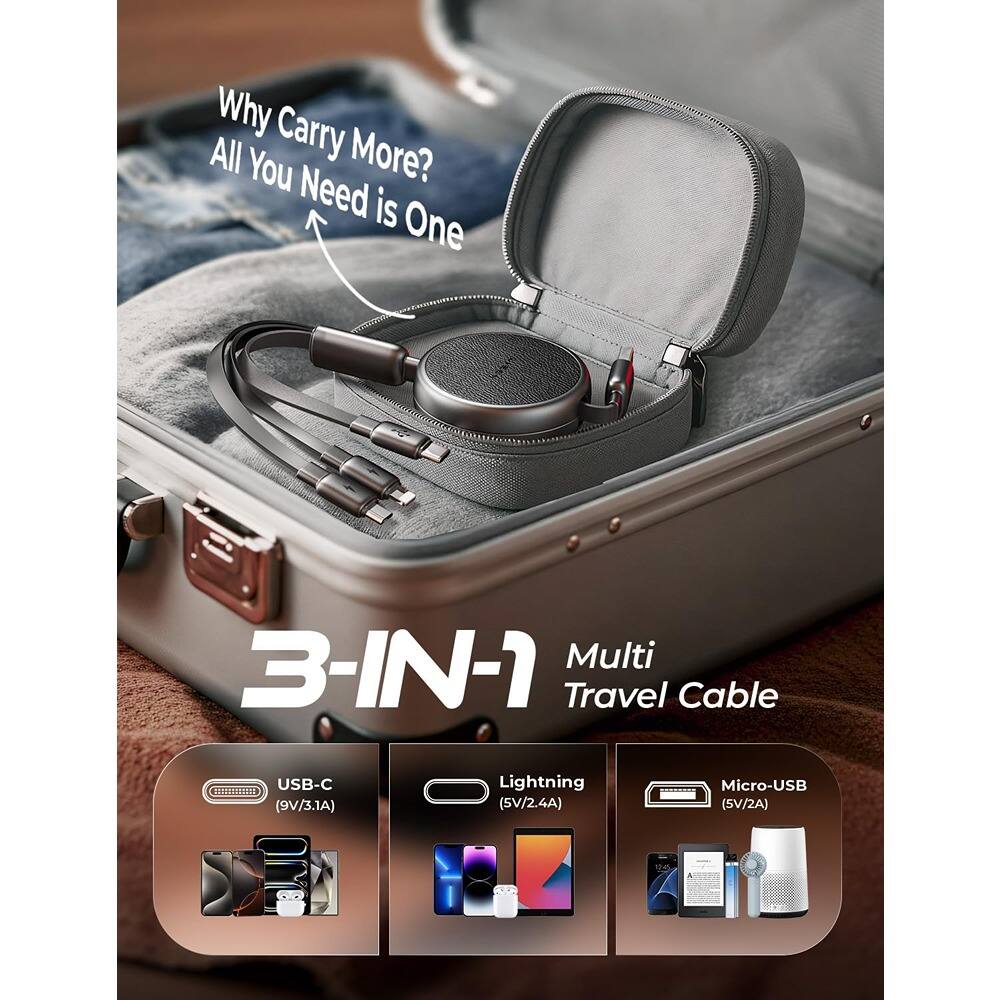 Why Carry More?  
All You Need is One  

3-IN-1 Multi Travel Cable  

USB-C (9V/3.1A)  
Lightning (5V/2.4A)  
Micro-USB (5V/2A)