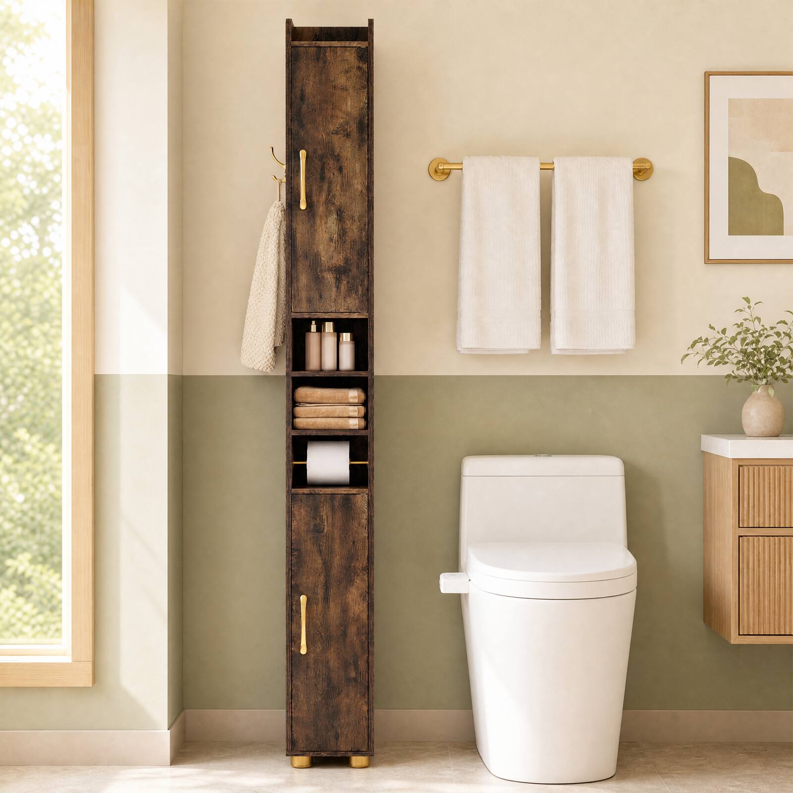 Alt View 5. Costway - Costway 1 PCS 69.5" Narrow Bathroom Cabinet with 2 Doors & Adjustable Shelves for Small Spaces - Rustic Brown.