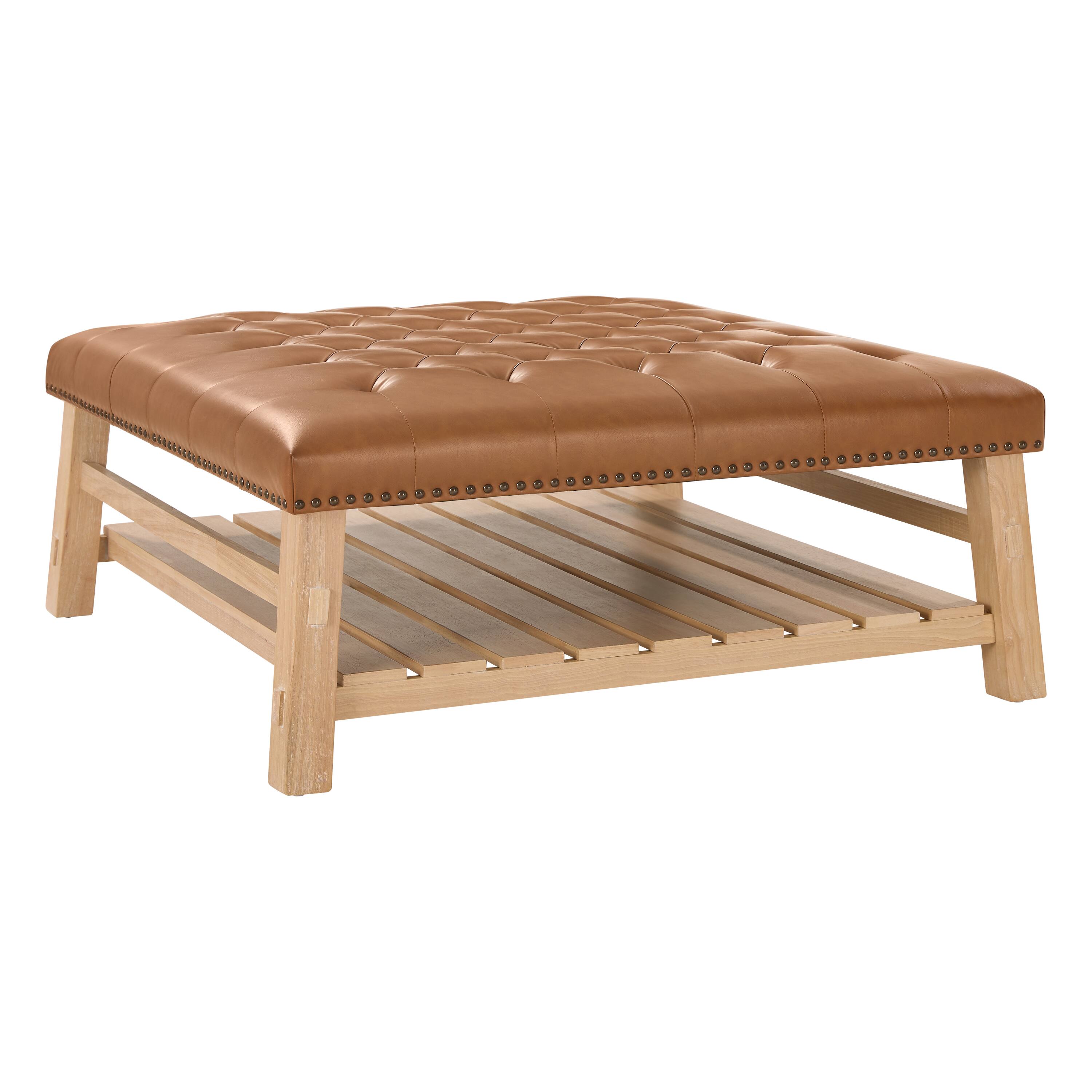 Left. Whisen - 41.5" Square Tufted Coffee Table Ottoman with Storage Shelf for Living Room - Brown.