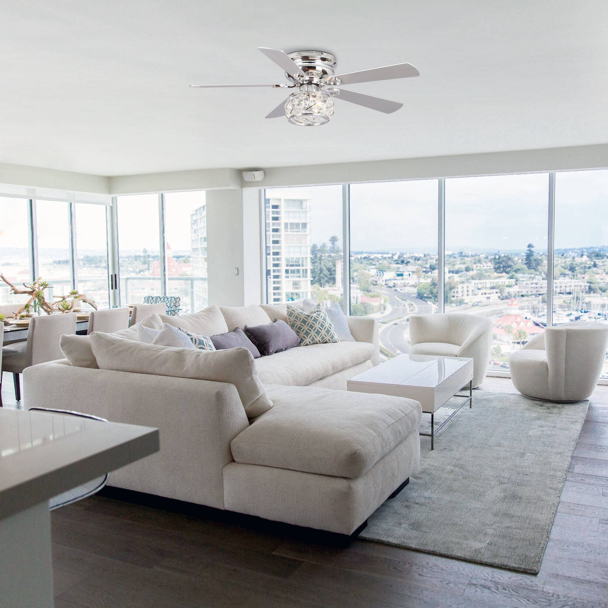 Left. Parrot Uncle - 48" Chrome Modern 5-Blade Crystal Flush Mount Ceiling Fan with Remote - Chrome.