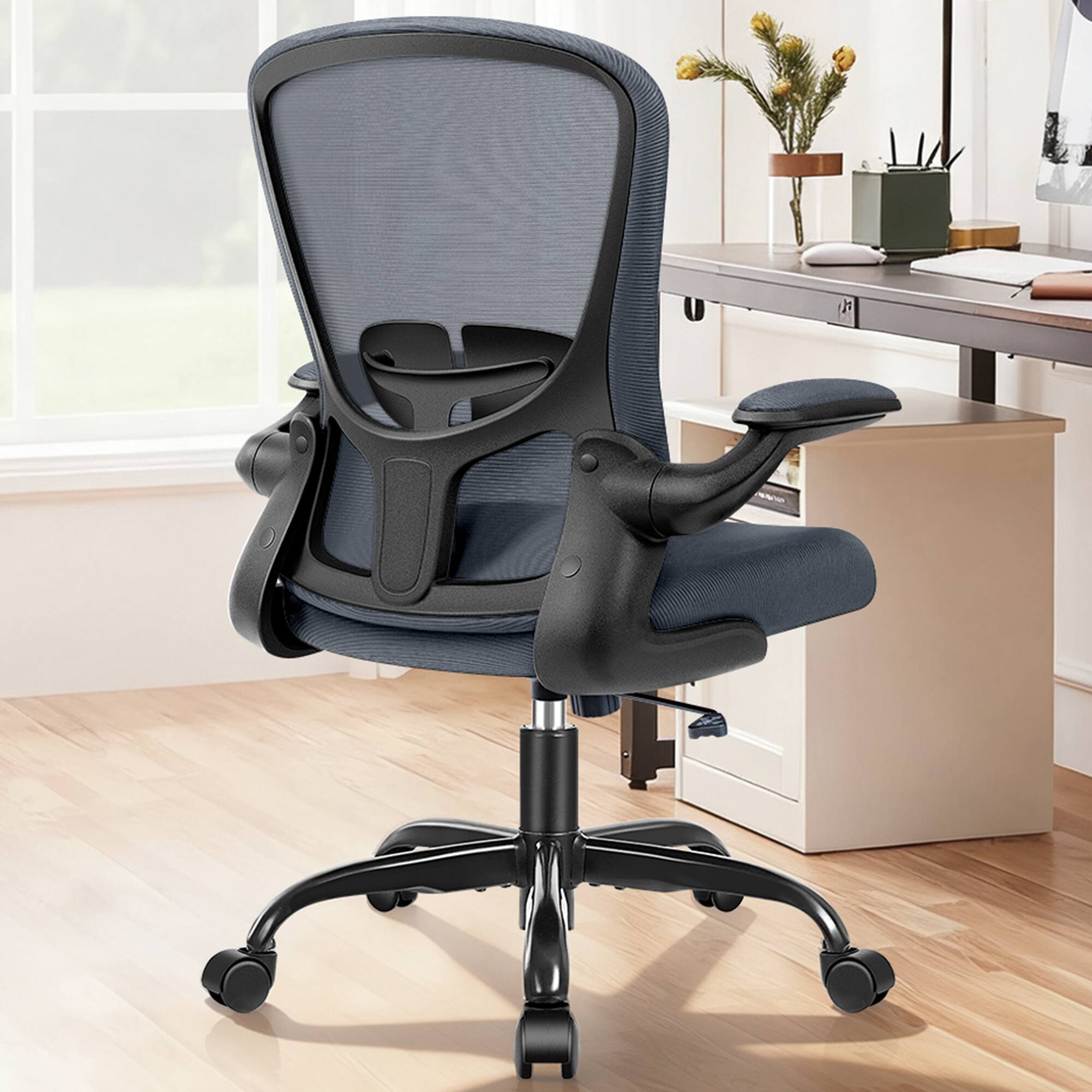 Alt View 4. KERDOM - Ergonomic Desk Chair, Swivel Computer Chair with Flip-up Arms, Adjustable Lumbar Support & Height, Breathable Mesh, Tilt - Dark Grey.