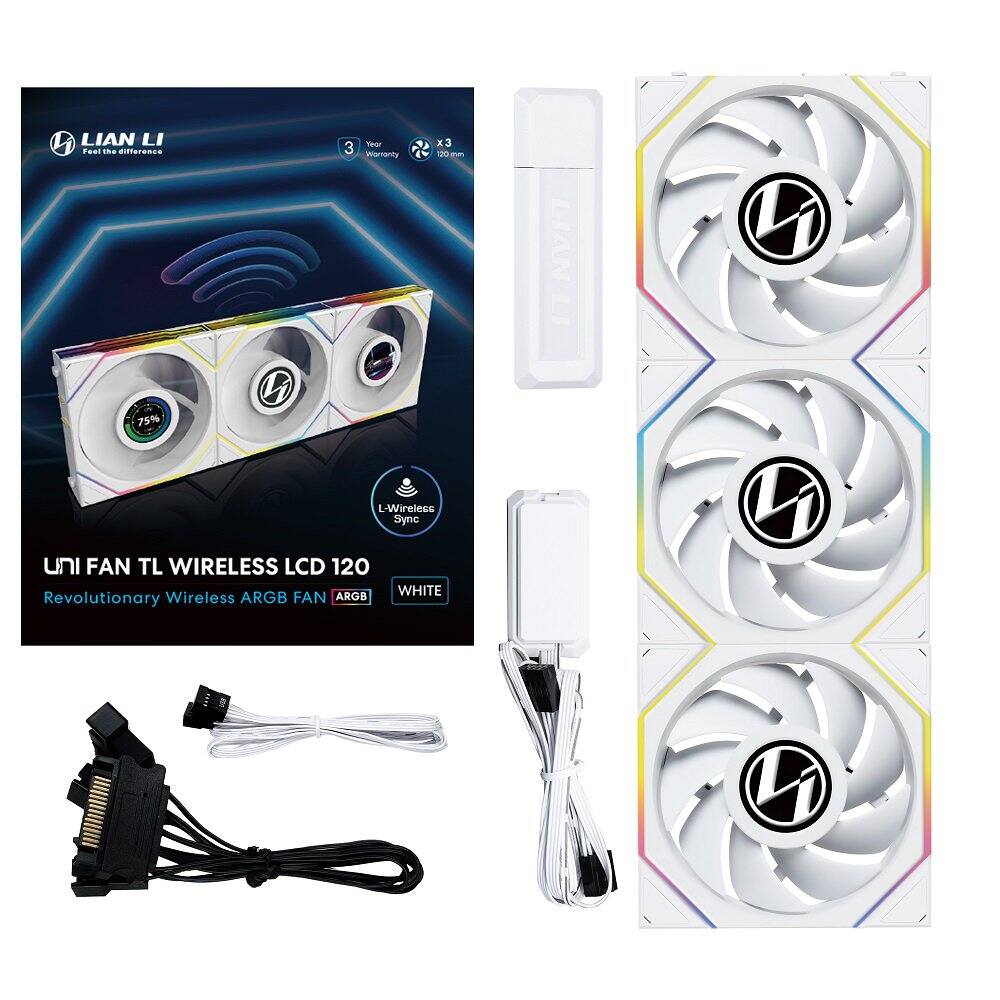 Lian Li - UNI Fan TL LCD 120 Wireless LCP Fan Blade Customizable RGB LEDs Triple Pack With Controller (12TLLCD1W3W) - White