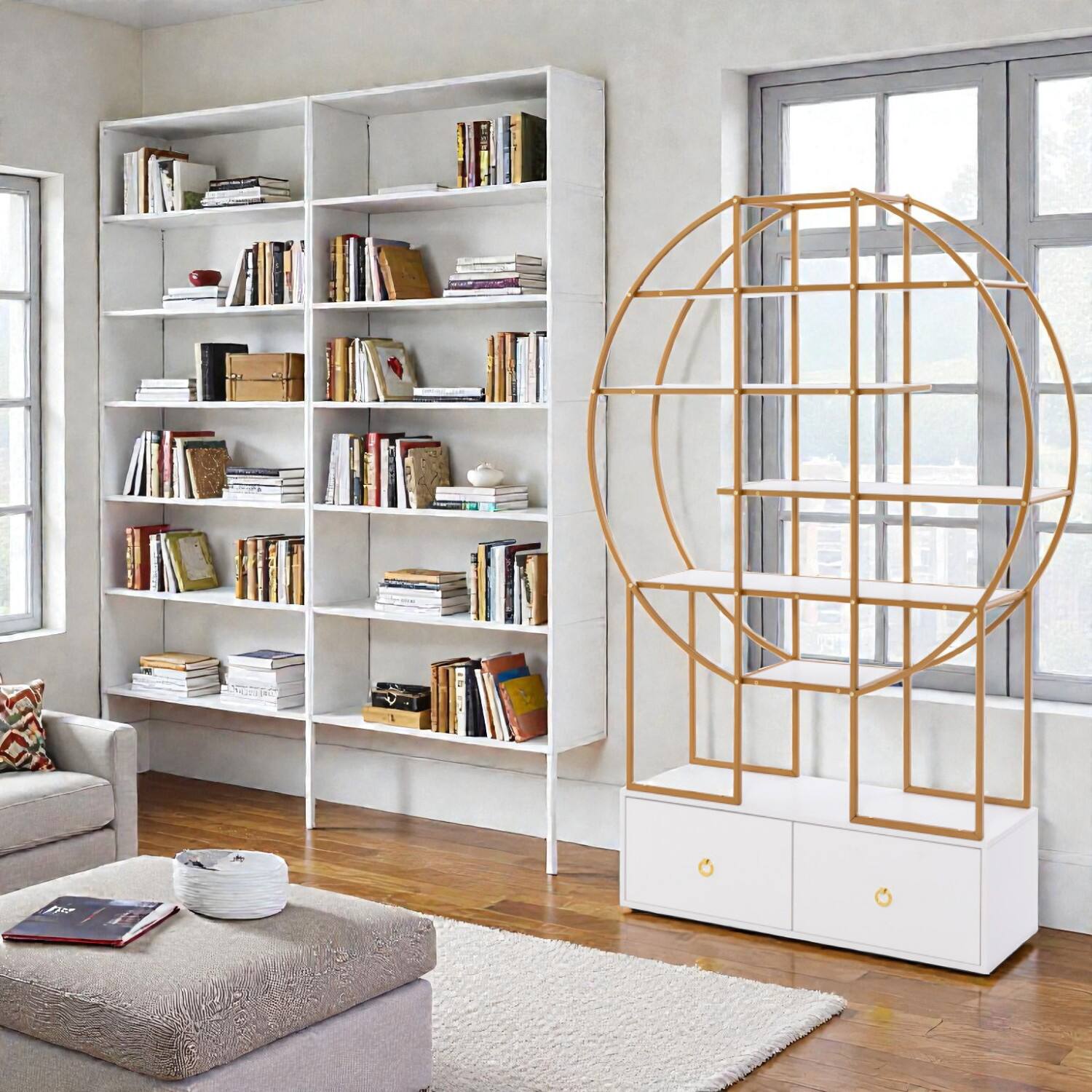 Front. Hivvago - Elegant Gold 6-Shelf Bookcase with Dual Drawer Storage, 71" Tall - Golden.