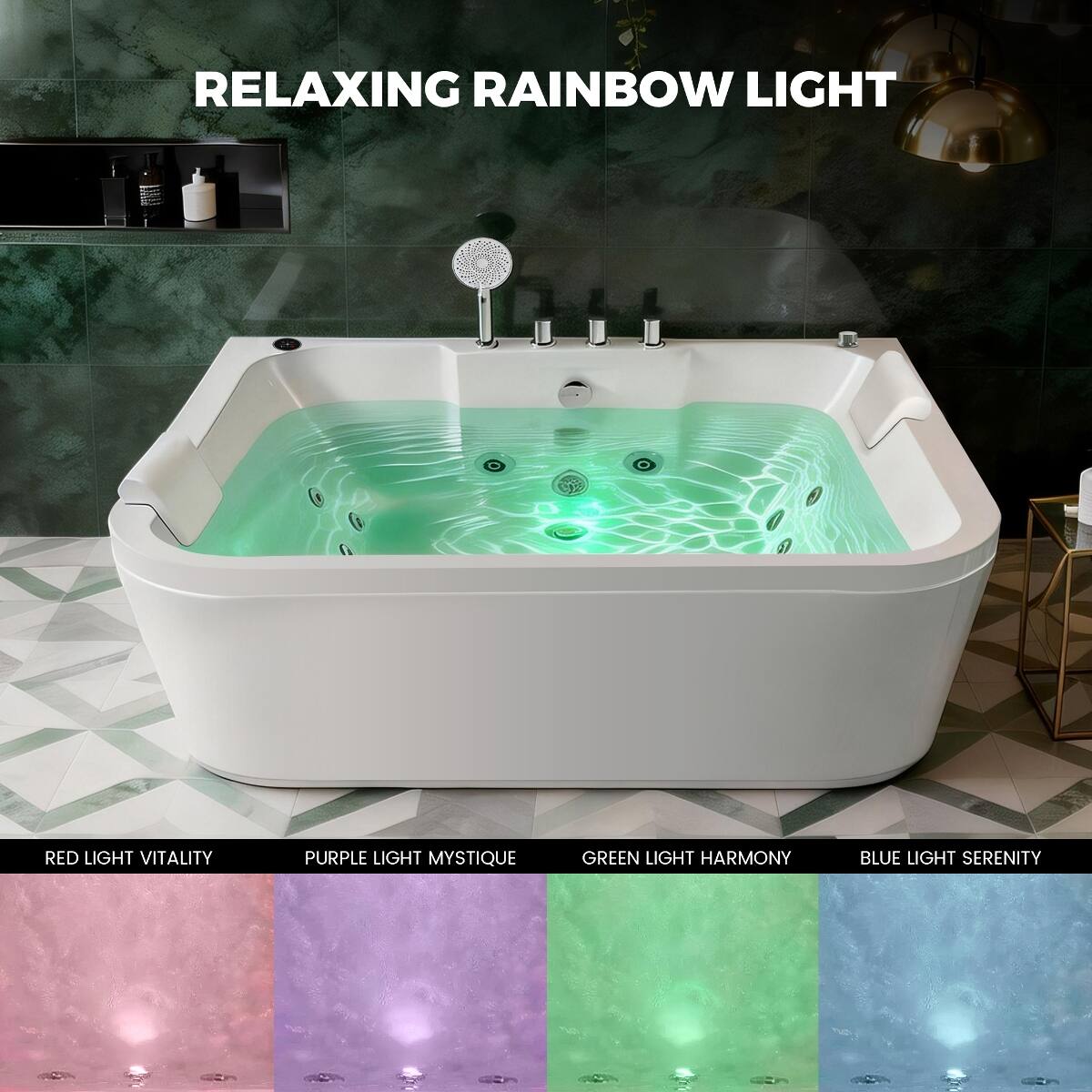 RELAXING RAINBOW LIGHT

RED LIGHT VITALITY
PURPLE LIGHT MYSTIQUE
GREEN LIGHT HARMONY
BLUE LIGHT SERENITY