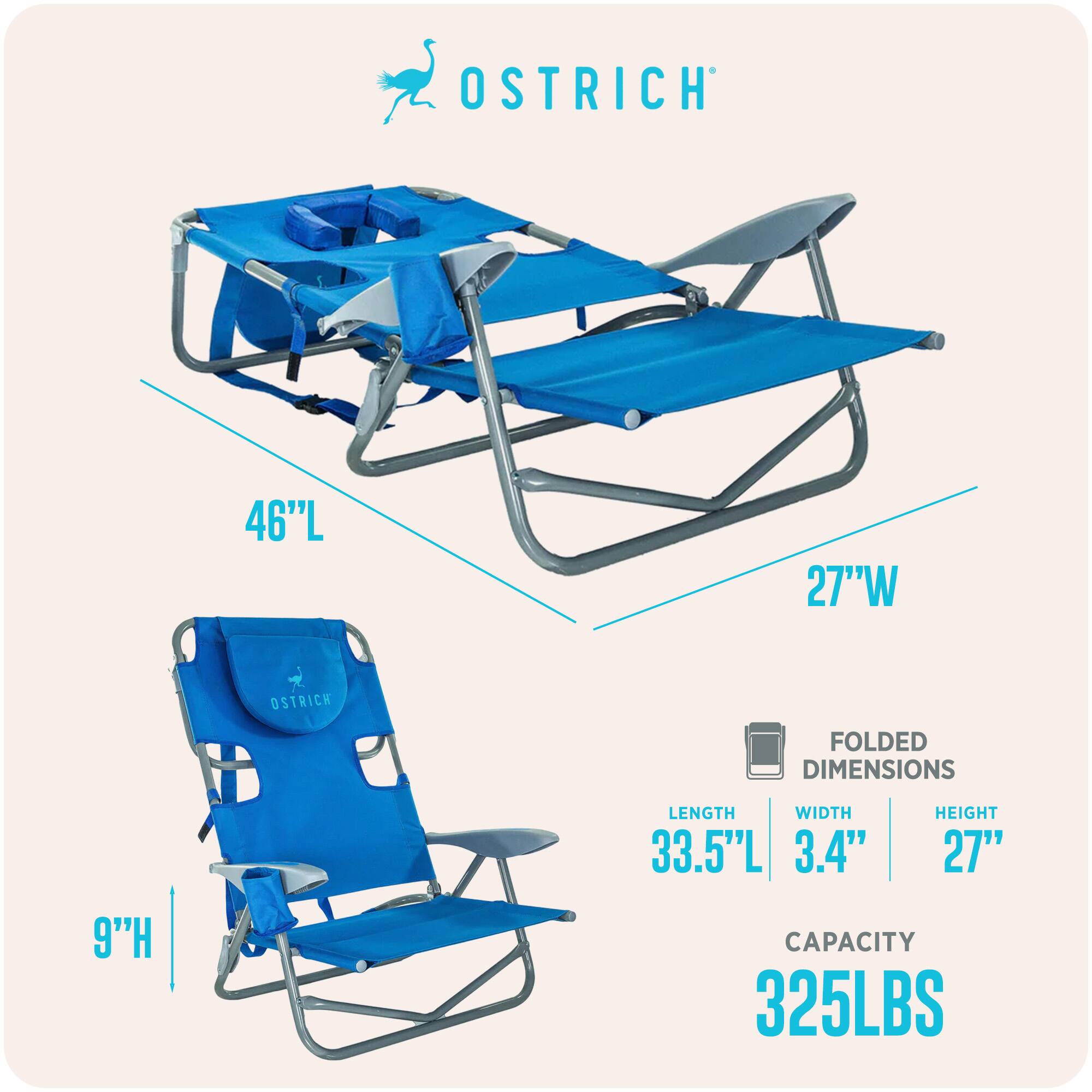 OSTRICH  
46"L x 27"W  
Folded Dimensions: 33.5"L x 3.4"W x 9"H  
Capacity: 325LBS