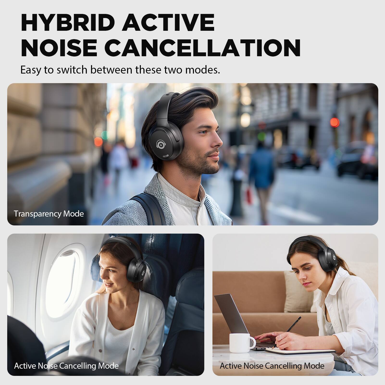 HYBRID ACTIVE NOISE CANCELLATION  
Easy to switch between these two modes.  

Transparency Mode  
Active Noise Cancelling Mode  
Active Noise Cancelling Mode