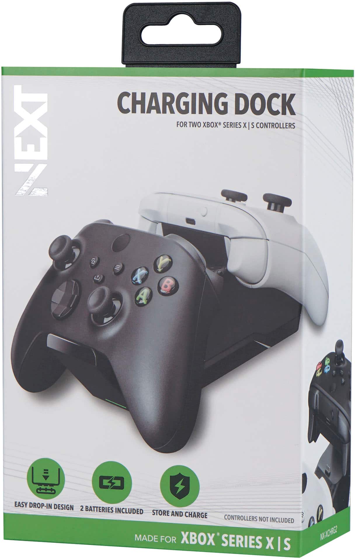 NEXT CHARGING DOCK FOR TWO XBOX SERIES X | S CONTROLLERS. EASY DROP-IN DESIGN. 2 BATTERIES INCLUDED. STORE AND CHARGE CONTROLLERS NOT INCLUDED. MADE FOR XBOX SERIES X | S.