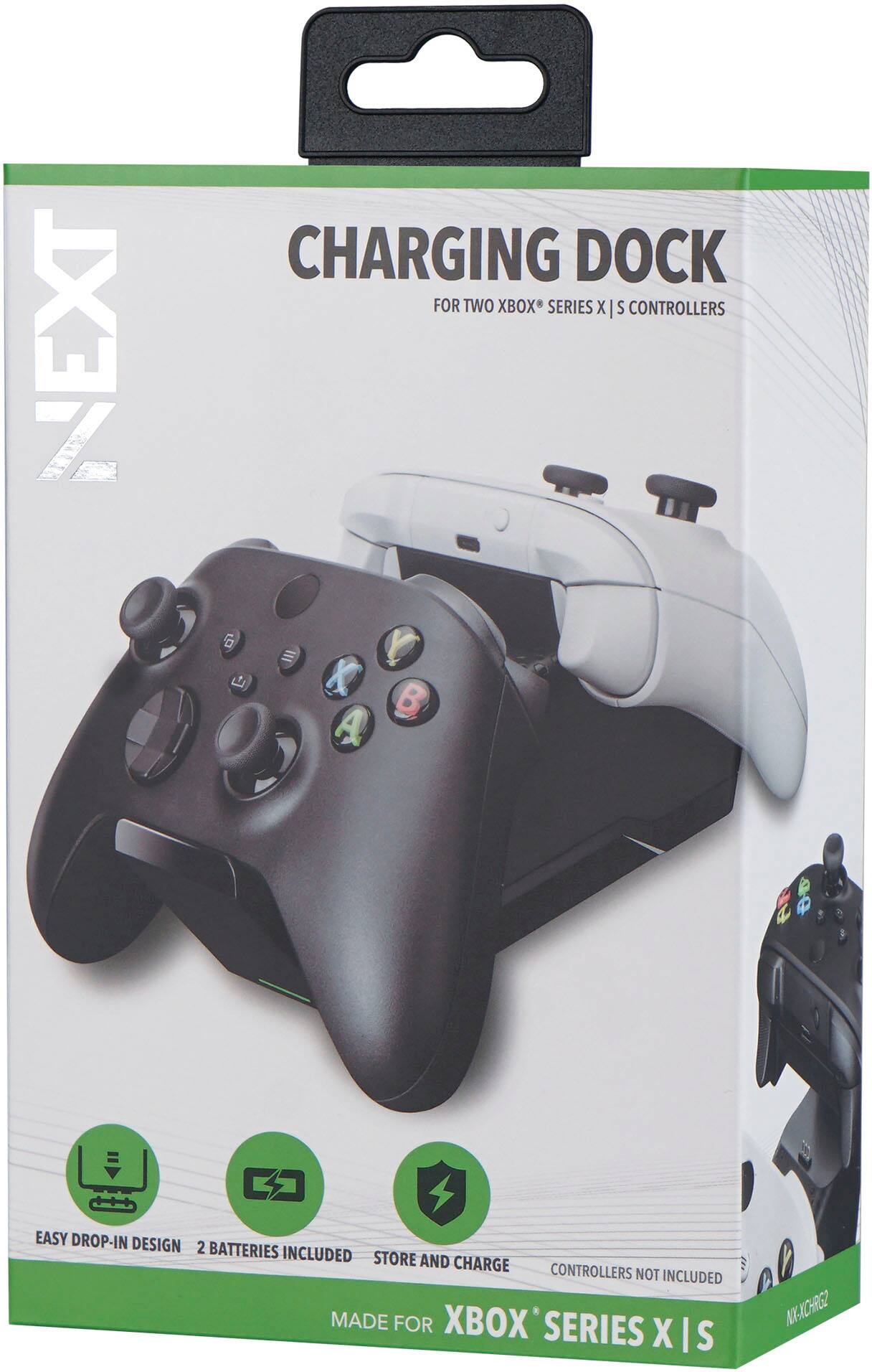 NEXT CHARGING DOCK FOR TWO XBOX SERIES X | S CONTROLLERS. EASY DROP-IN DESIGN. 2 BATTERIES INCLUDED. STORE AND CHARGE CONTROLLERS NOT INCLUDED. MADE FOR XBOX SERIES X | S.