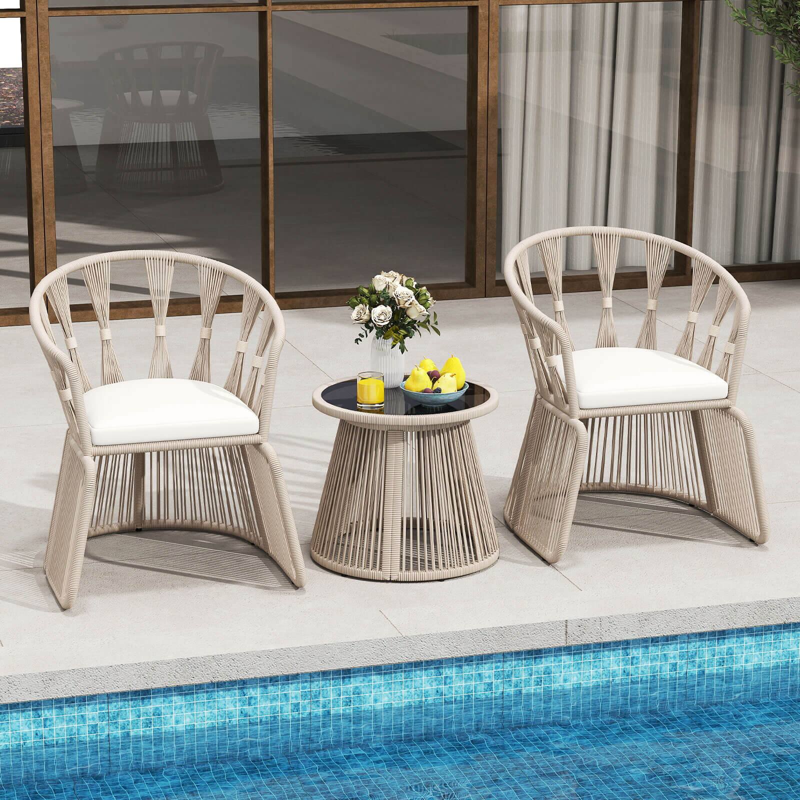 Alt View 4. Costway - Costway 3 PCS Patio Leisure Chair Set Rope-Woven Armchairs & Table Set with  Cushions - Off-White.