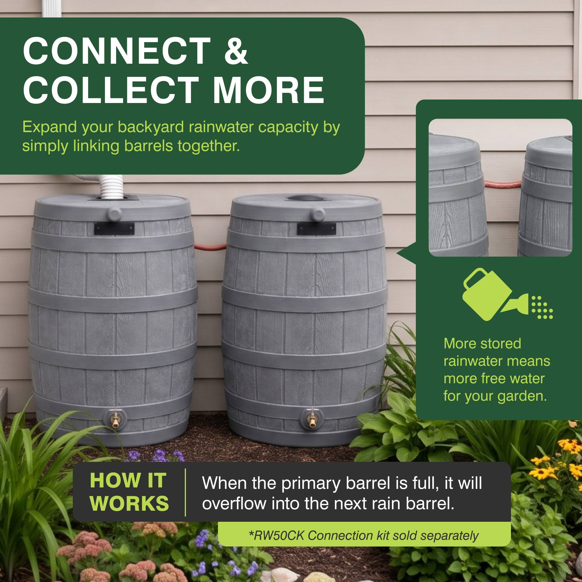 CONNECT & COLLECT MORE  
Expand your backyard rainwater capacity by simply linking barrels together.

HOW IT WORKS  
When the primary barrel is full, it will overflow into the next rain barrel.  
*RW50CK Connection kit sold separately

More stored rainwater means more free water for your garden.