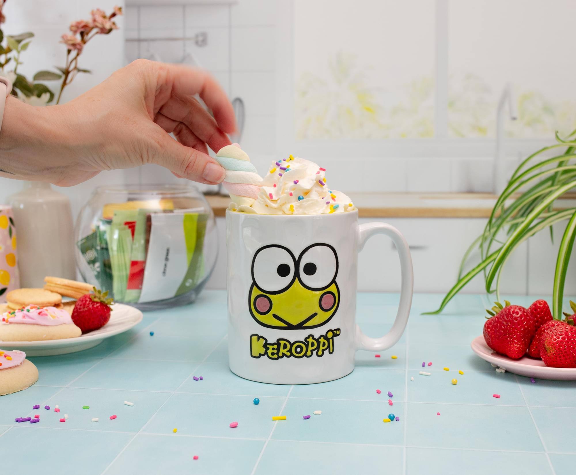 Alt View 4. Silver Buffalo - Sanrio Keroppi Face Wax-Resist Ceramic Pottery Mug | Holds 17 Ounces - White.