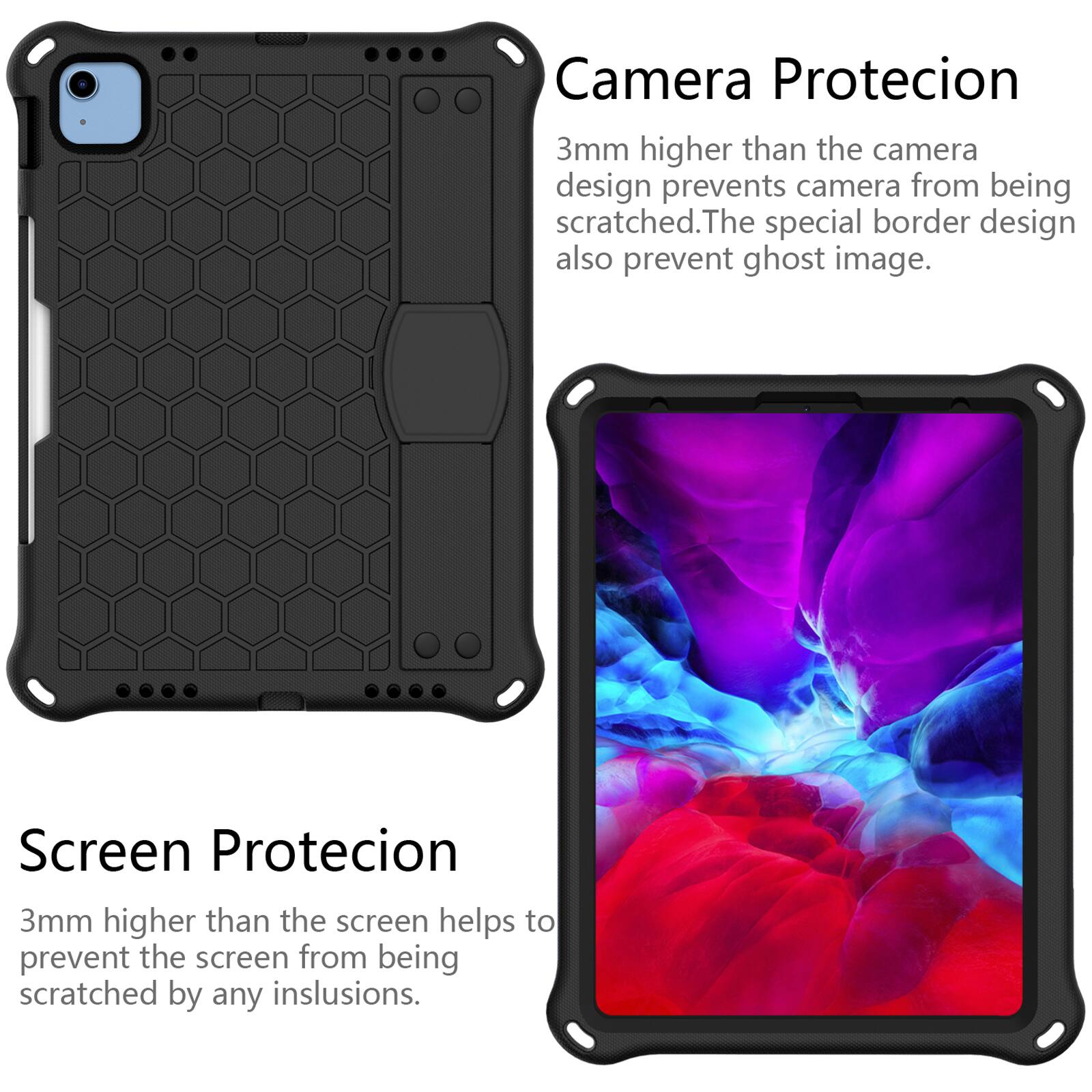 Camera Protection  
3mm higher than the camera design prevents camera from being scratched. The special border design also prevents ghost image.  

Screen Protection  
3mm higher than the screen helps to prevent the screen from being scratched by any inclusions.
