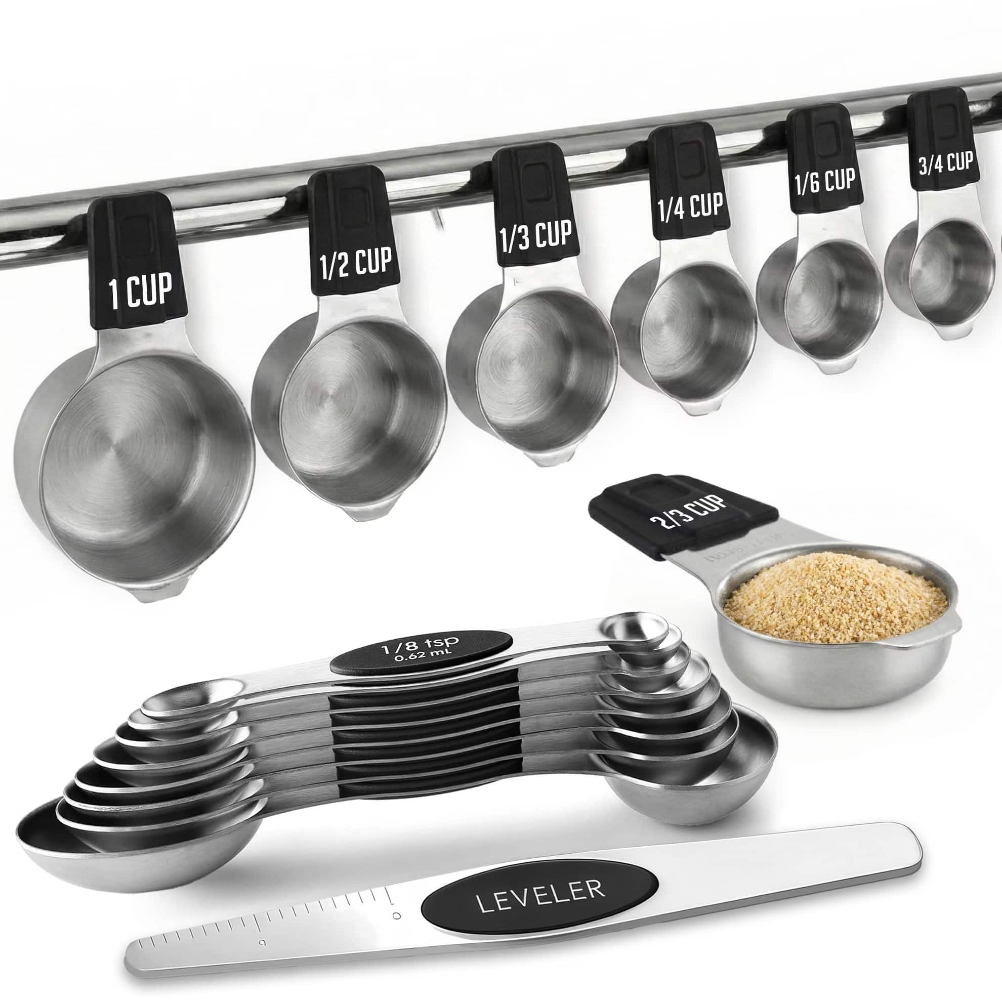 Luminuxe - Magnetic Measuring Cups and Spoons Set, Stainless Steel with Dual-Sided N40 Magnetic Tool