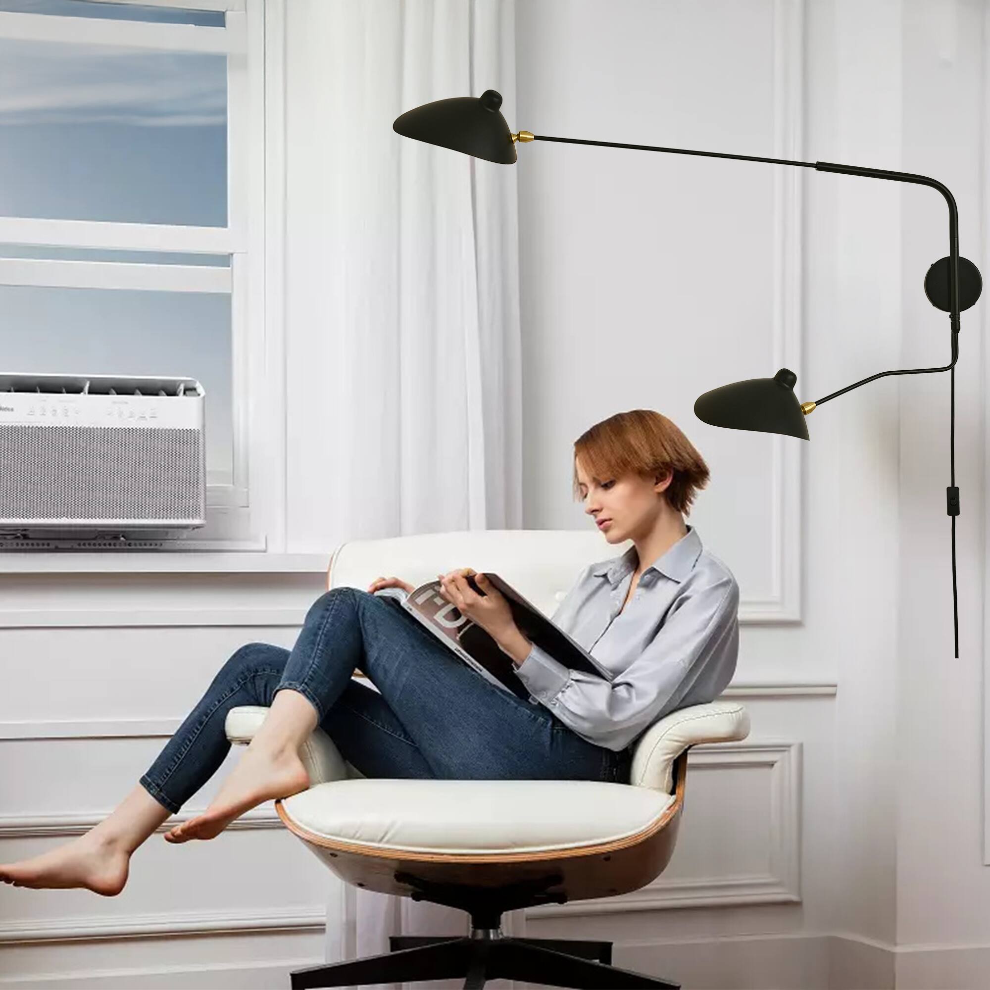 Back. RYHNUYNE - Modern Swing Arm Wall Sconce 2-Light Adjustable Plug in Wall Lamp with On/Off Switch Dimmable Sconces - Black.