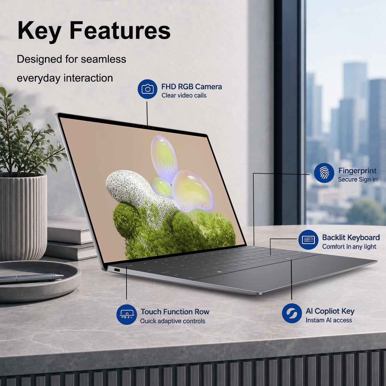 Key Features  
Designed for seamless everyday interaction  
FHD RGB Camera  
Clear video calls  
Fingerprint  
Secure Sign in  
Backlit Keyboard  
Comfort in any light  
Touch Function Row  
Quick adaptive controls  
AI Copilot Key  
Instam AI access