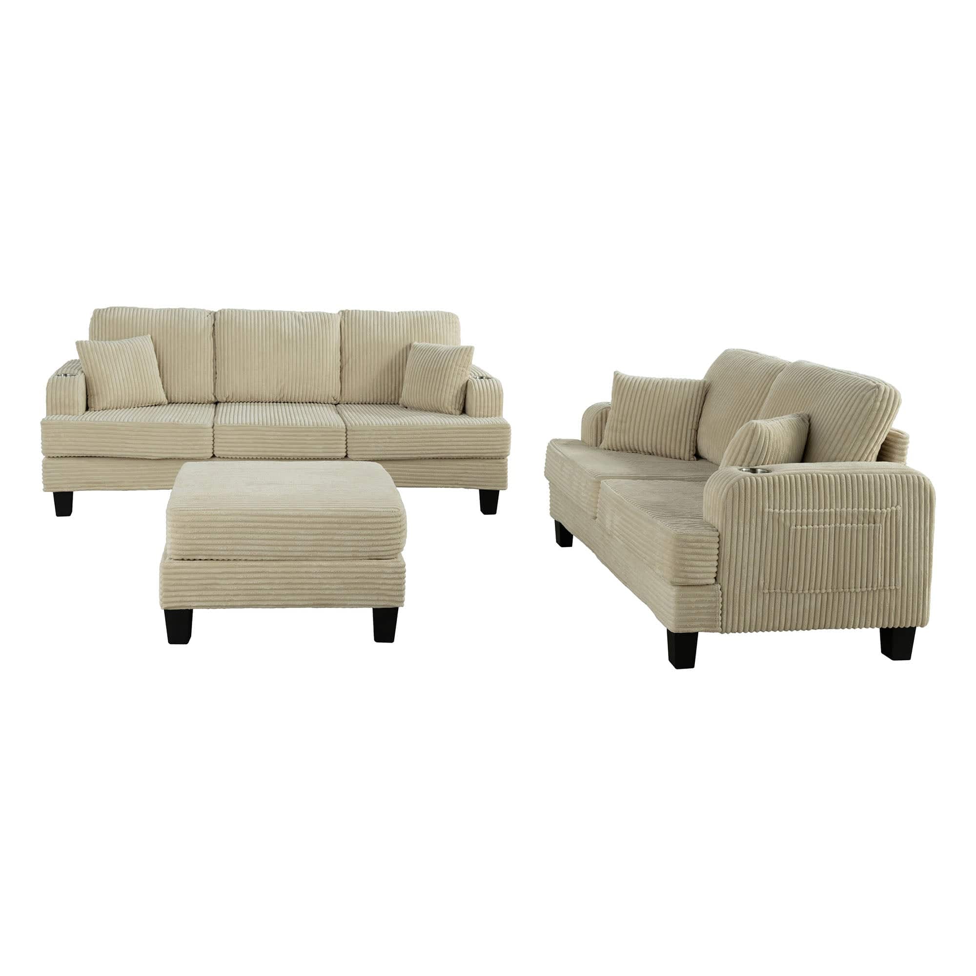 Boyel Living - 84.64 in. Wide Straight Arm 3-Seat Fabric Sectional Sofa with Ottoman, USB Port and Cup Holder - Beige