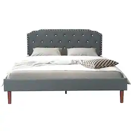 Costway - Full Upholstered Bed Frame Adjustable Diamond Button Headboard Easy Assembly - Gray