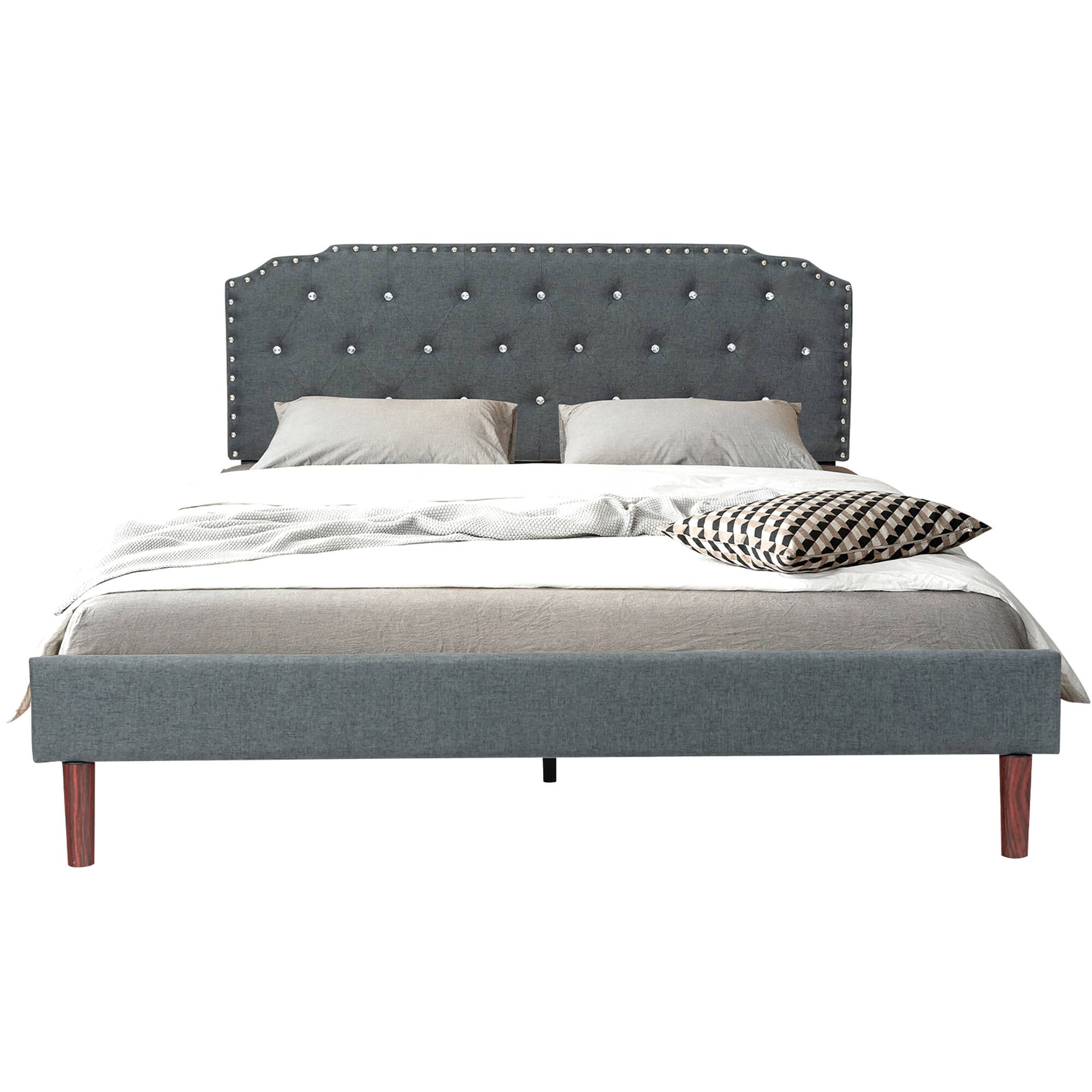 Costway - Full Upholstered Bed Frame Adjustable Diamond Button Headboard Easy Assembly - Gray