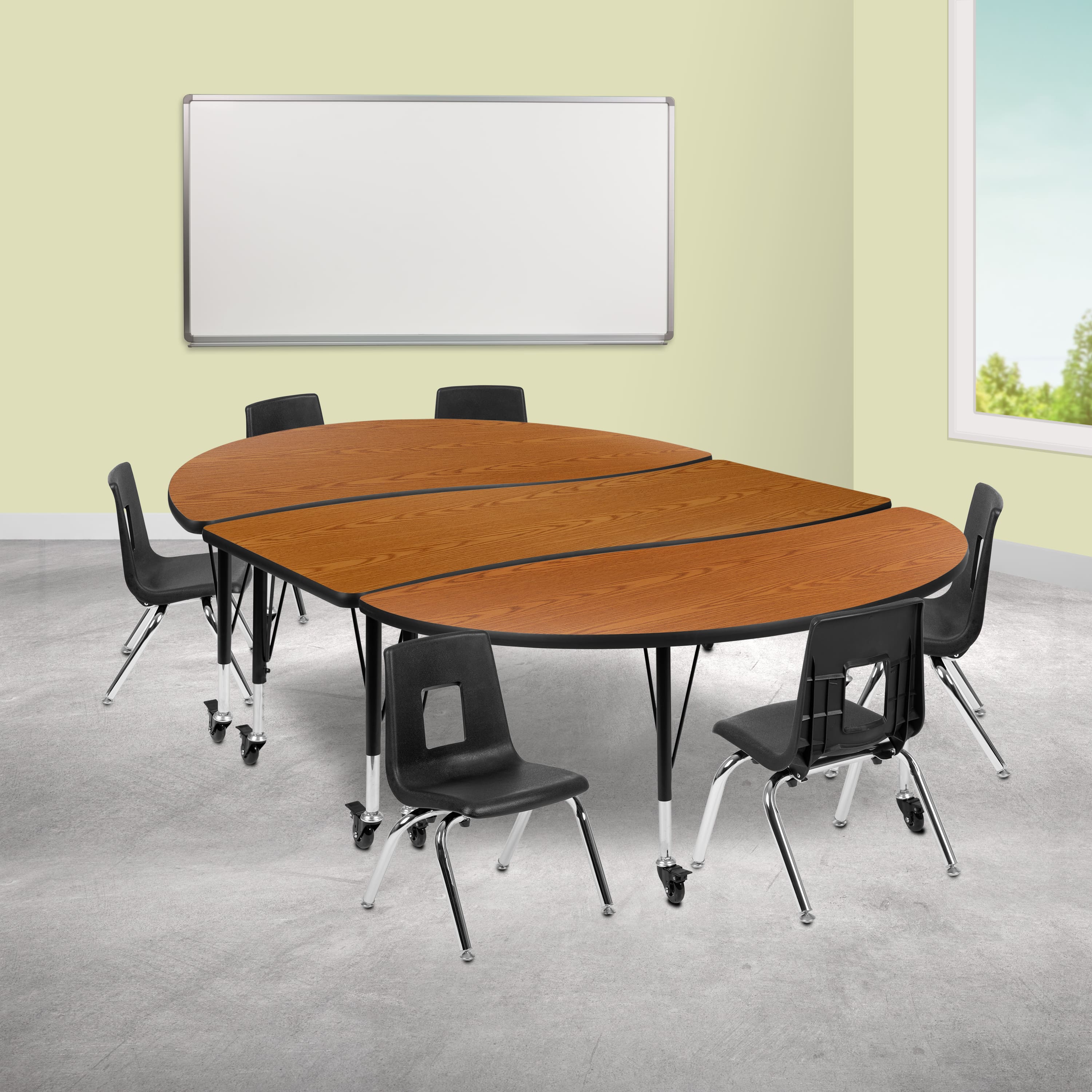"Emma + Oliver - Mobile 86"" Oval Wave Collaborative Laminate Activity Table Set with 12"" Student Stack Chairs, Grey/Black - Oak" price history on PriceWatchPro