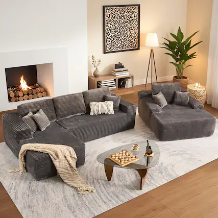 Front. Ovios - 106" L-Shaped Cloud Sectional Sofa with Oversized Chaise Lounge - Grey(Plush Corduroy, Left Facing).