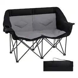 Gymax - Double Camping Chair w/ Cup Holders Glass Racks & Mesh Pockets Carry Bag Black - Gray