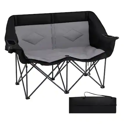 Front. Gymax - Gymax Double Camping Chair w/ Cup Holders Glass Racks & Mesh Pockets Carry Bag Gray & Black - Gray.