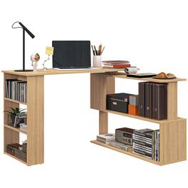 Homcom - L Shaped Corner Desk, 360 Degree Rotating Home Office Desk with Storage Shelves - Maple