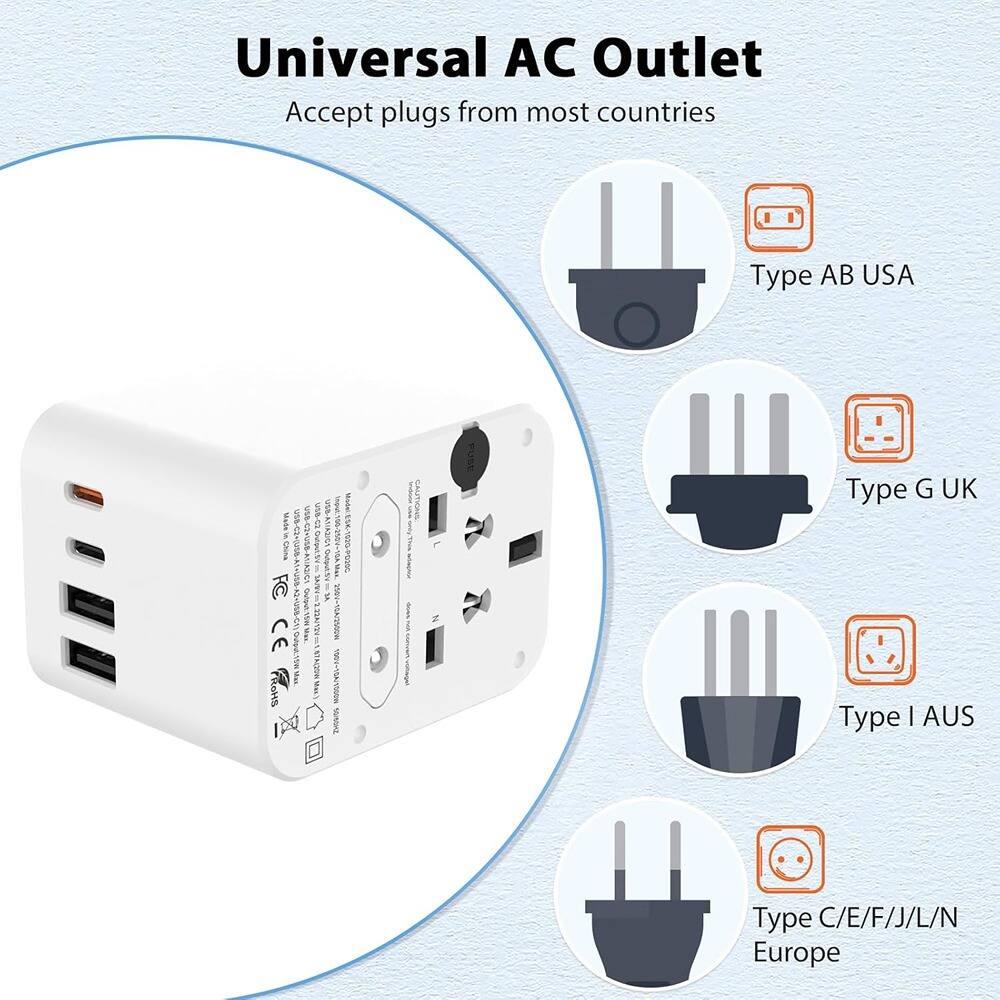 Universal AC Outlet  
Accept plugs from most countries  

Type AB USA  
Type G UK  
Type I AUS  
Type C/E/F/J/L/N Europe