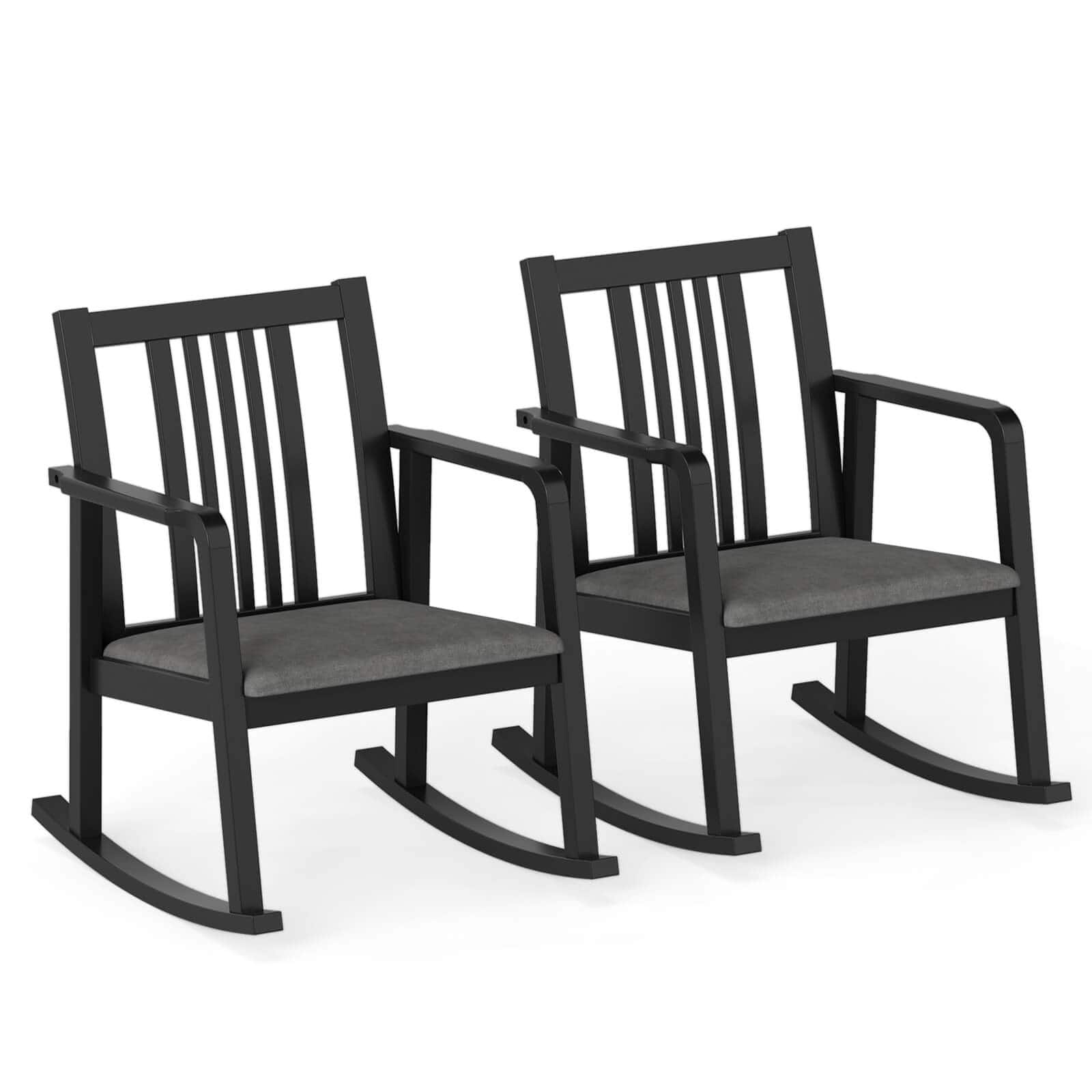 Costway - 2 PCS Rocking Chair with Cushioned Seat, Slatted Back & Curved Armrests for Bedroom - Black + Gray