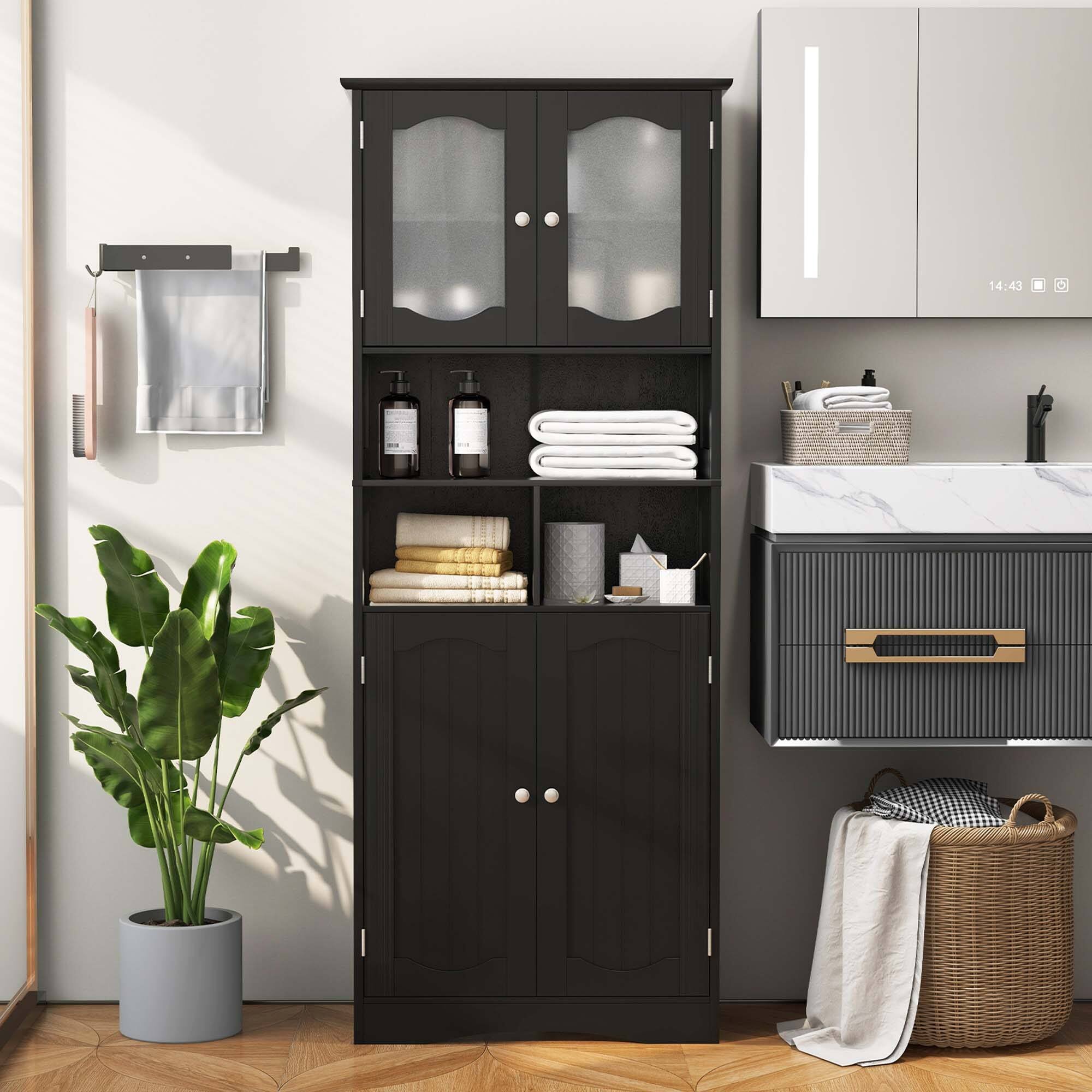 Alt View 1. Costway - Costway 58.5" Tall Bathroom Storage Cabinet Freestanding Linen Cabinet with Shelves Black - Black.