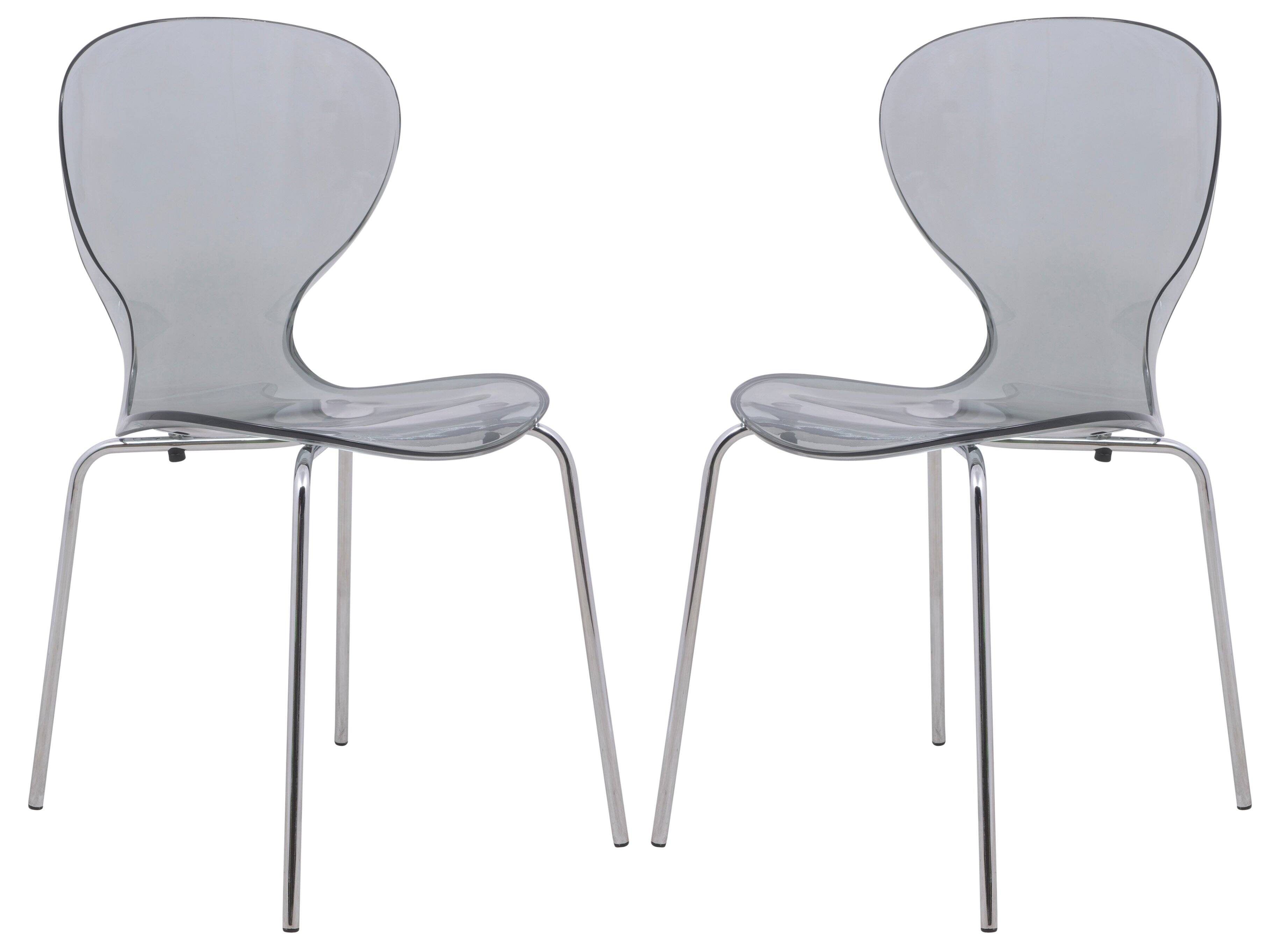 Front. LeisureMod - Oyster 2-PCS Transparent Modern Dining Chair - Polycarbonate Stackable Side Chair with Chrome Legs - Transparent Black.