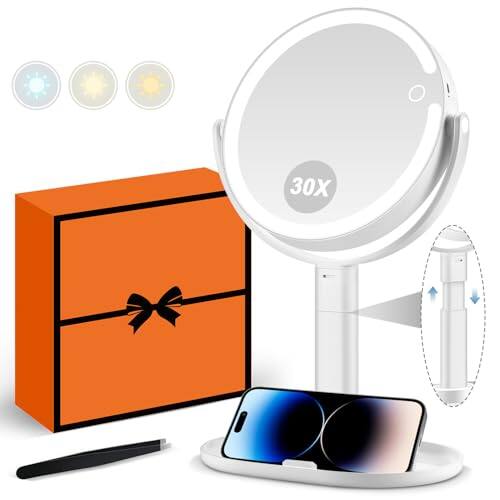 Front. Cedar Assembly - Makeup Mirror With Lights 30x Magnifying Light And Touch Vanity 3 Color 80 Leds Height Adjustable Desk White - White.