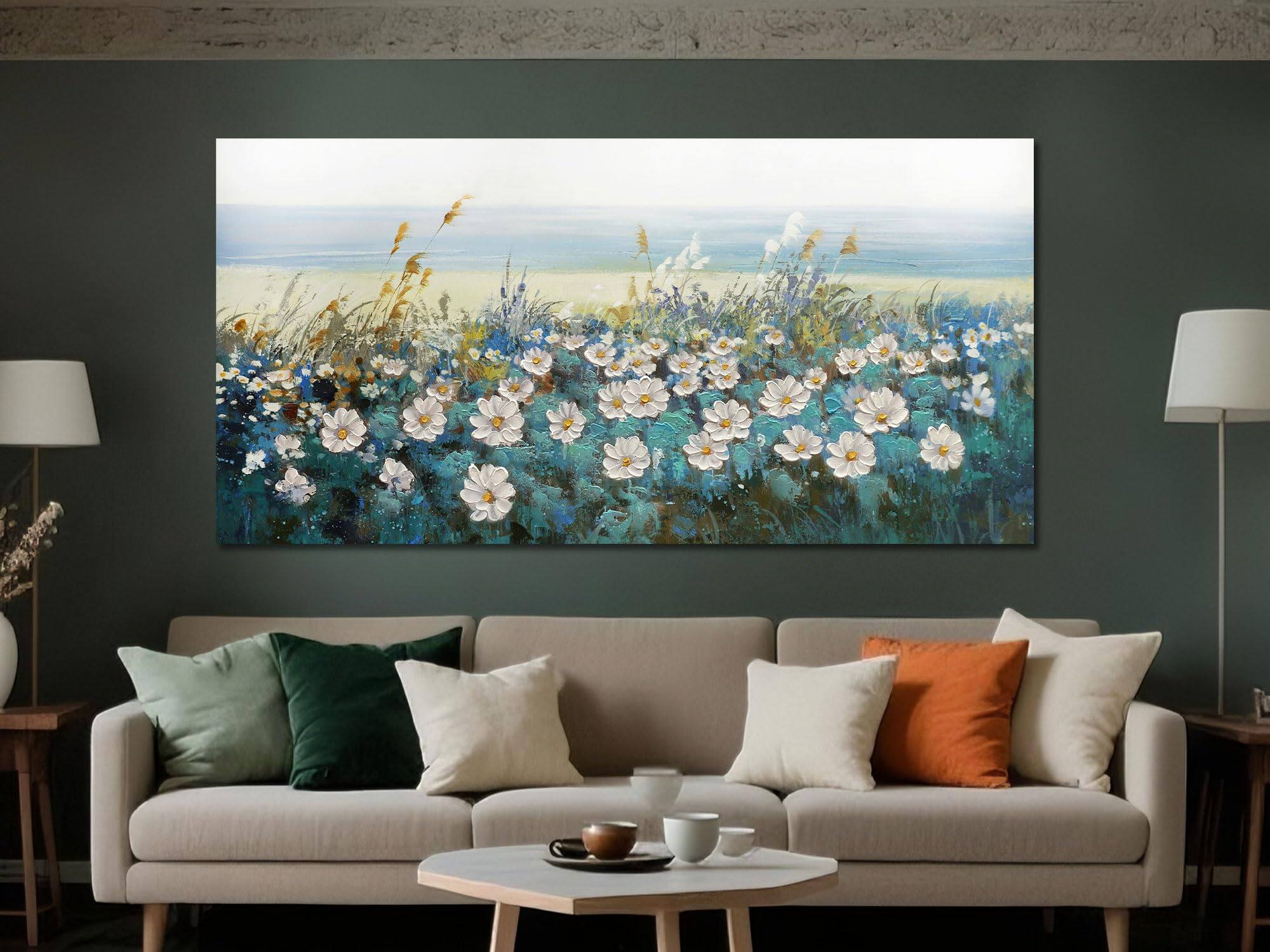 Front. Fabibe - Tree Wall Art Canvas for Living Room Blue Tree of Life Nature Teal Abstract Textured Painting Picture Modern Panoramic L - White daisy 58"L x 29"W.