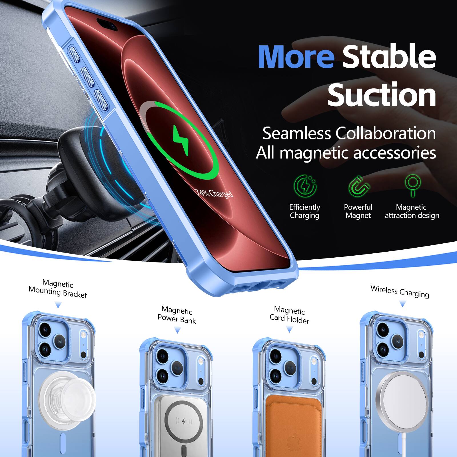 More Stable Suction  
Seamless Collaboration All magnetic accessories  

4% Charged  
Efficiently Charging  
Powerful Magnetic Magnet attraction design  
Magnetic Mounting Bracket  
Power Magnetic Bank  
Card Magnetic Holder  
Wireless Charging