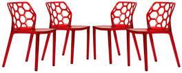 LeisureMod - Dynamic 4-Pieces Clear Acrylic Dining Chair with Honeycomb Pattern, Stackable & Fully Assembled - Transparent Red
