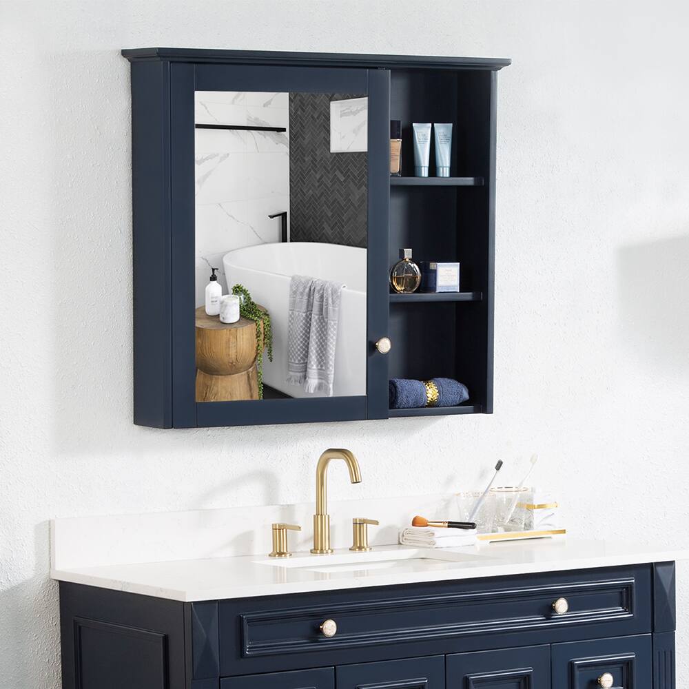 Angle. WELLFOR - 34 in. W x 30 in. H Rectangular Solid Wood Frame Surface Mount Medicine Cabinet with Mirror and Soft Close Door - Navy Blue.