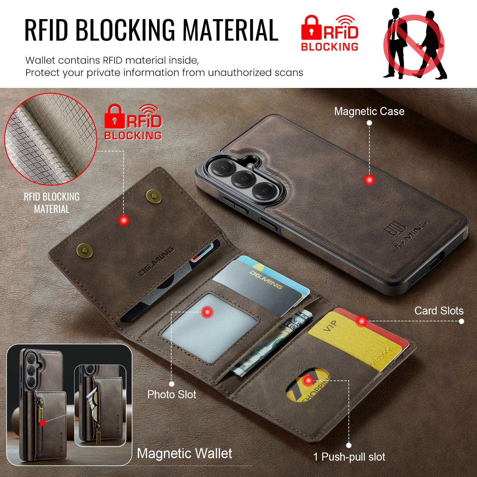 RFID BLOCKING MATERIAL

Wallet contains RFID material inside, Protect your private information from unauthorized scans

RFID BLOCKING Magnetic Case

RFID BLOCKING MATERIAL

CECES 80 JEMING JG.MING DG DG.MING

Card Slots

VIP CANABARE HOT UNE

Photo Slot

SHOPPING

Magnetic Wallet

1 Push-pull slot