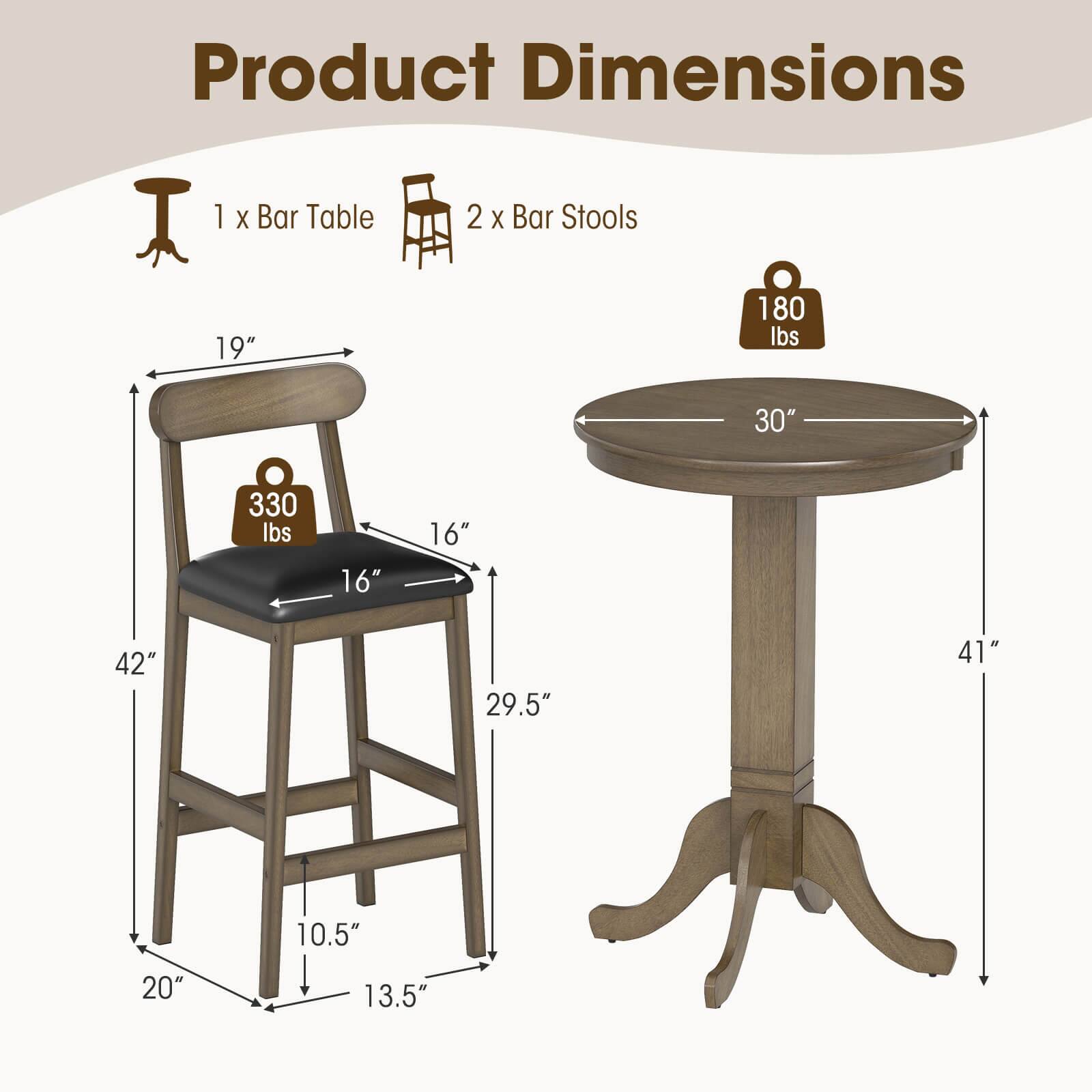 Product Dimensions  
1 x Bar Table  
2 x Bar Stools  
19"  
180 lbs  
30"  
330 lbs  
16"  
16"  
42"  
29.5"  
41"  
10.5"  
20"  
13.5"
