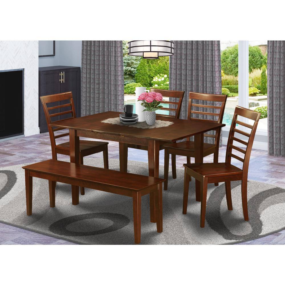 Back. East West Furniture - 6 Pc Dining room set with bench -Table with 4 Chairs and Dining Bench - Mahogany.
