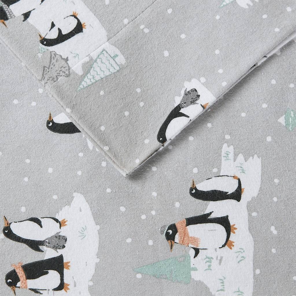 Gracie Mills - Persephone Cotton Flannel Sheet Set - Grey Penguins - Thumbnail 4