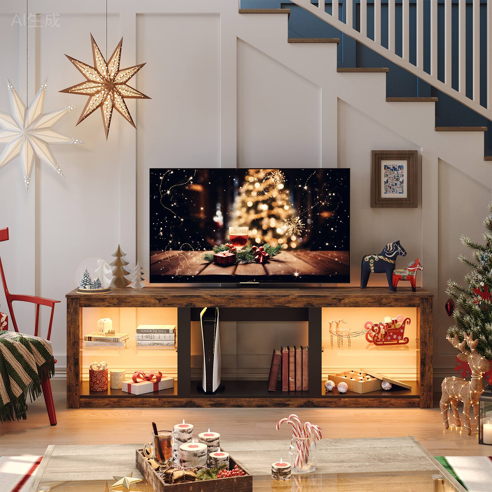 Alt View 4. Bestier - Bestier - 70" TV Stand with LED Lights and Glass Shelves for TVs up to 75" - Brown.