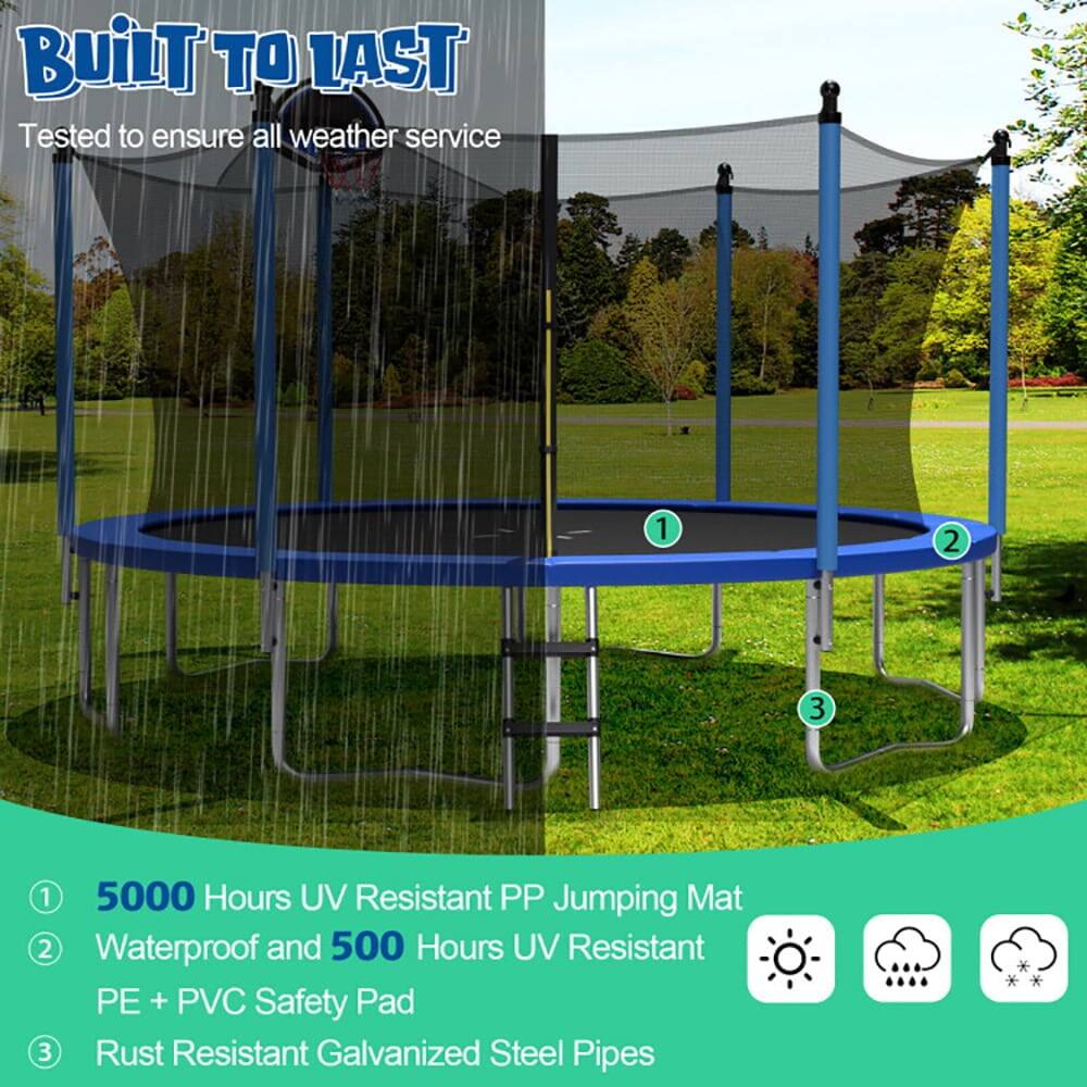 BUILT TO LAST  
Tested to ensure all weather service

1. 5000 Hours UV Resistant PP Jumping Mat  
2. Waterproof and 500 Hours UV Resistant PE + PVC Safety Pad  
3. Rust Resistant Galvanized Steel Pipes