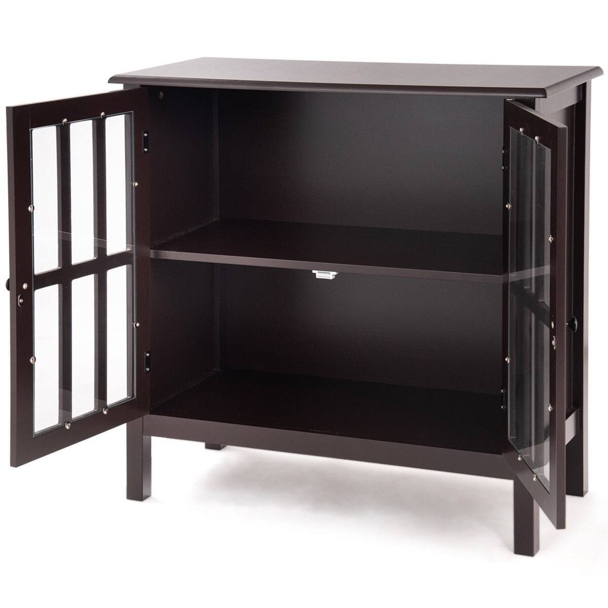 Back. Hivvago - Brown Wood Sideboard Buffet Cabinet with Glass Panel Doors - Brown.