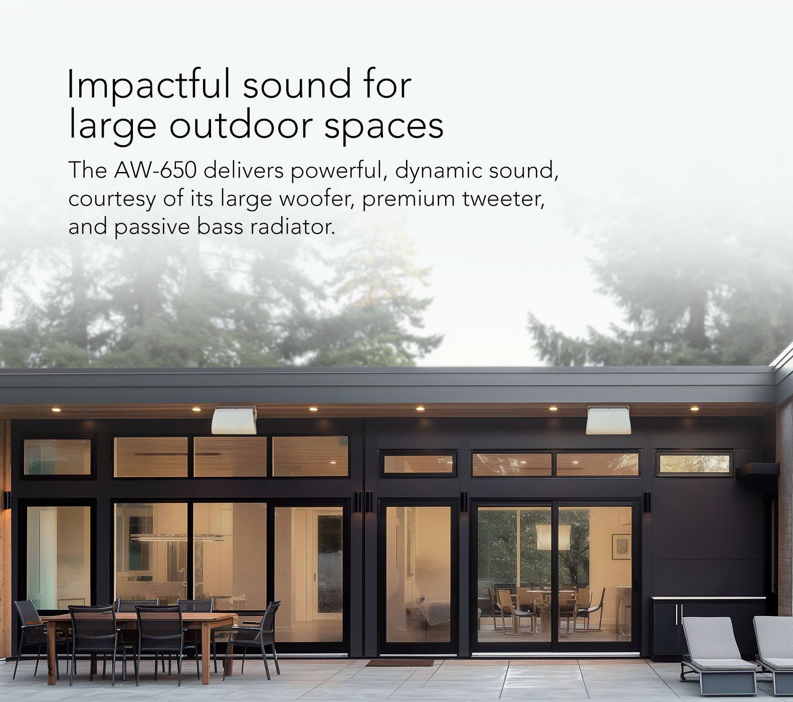 Impactful sound for large outdoor spaces: The AW-650 delivers powerful, dynamic sound, courtesy of its large woofer, premium tweeter, and passive bass radiator.