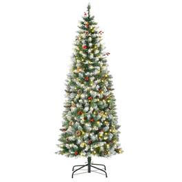 Homcom - Prelit Snow Flocked Artificial Christmas Tree, LED Lights, Slim Pencil, Pine Cones, Red Berries - Green