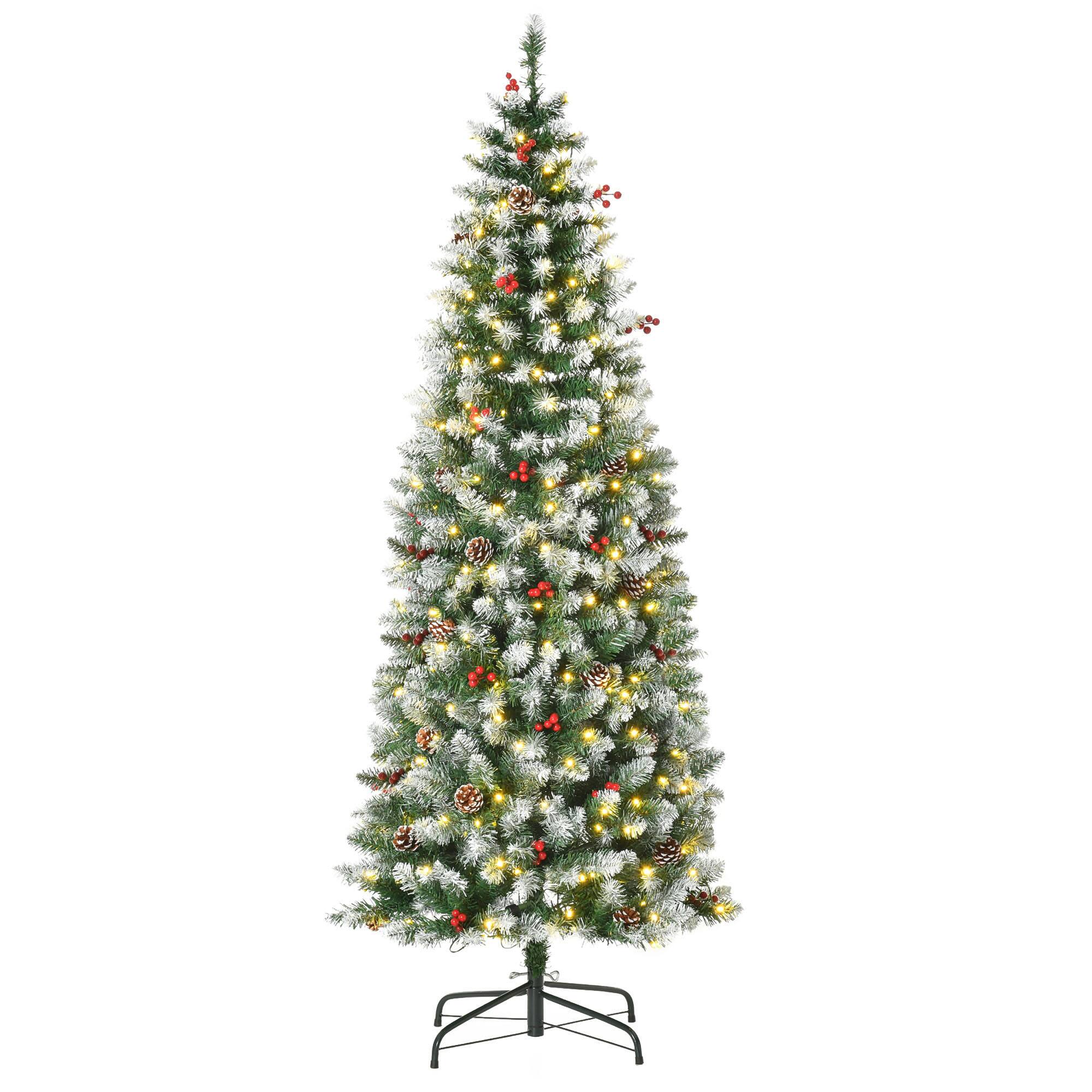 Front. Homcom - Prelit Snow Flocked Artificial Christmas Tree, LED Lights, Slim Pencil, Pine Cones, Red Berries - green.