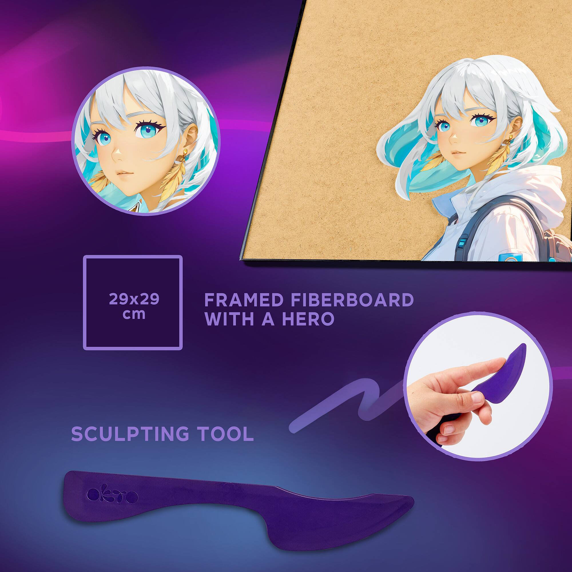 29x29 cm FRAMED FIBERBOARD WITH A HERO SCULPTING TOOL
