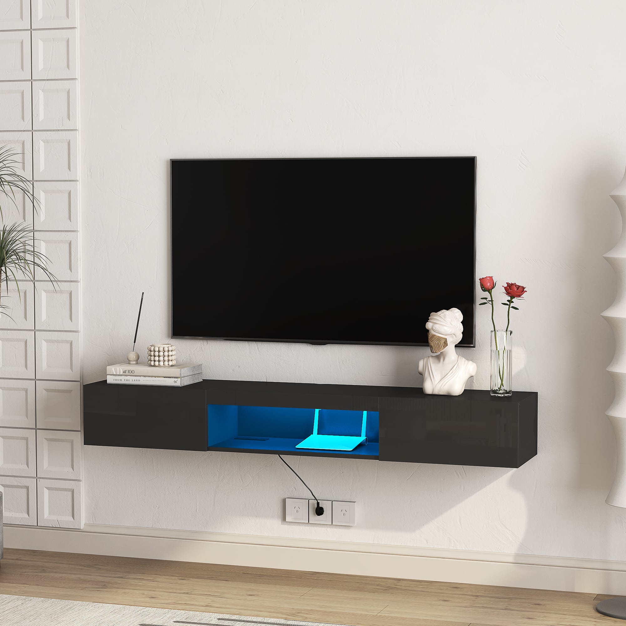 Z-Edge - Floating TV Shelf, 63'' Wall Mounted TV Stand Floating TV Console Media Entertainment Under TV Shelf for Living Room - Black
