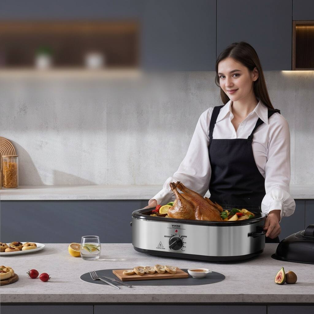 Back. Forest'nSky - 22 Qt Electric Roaster Oven with Self-Basting Lid, 1450W, Fits 26 lb Turkey, Adjustable Temp for Baking, Silver - Silver.